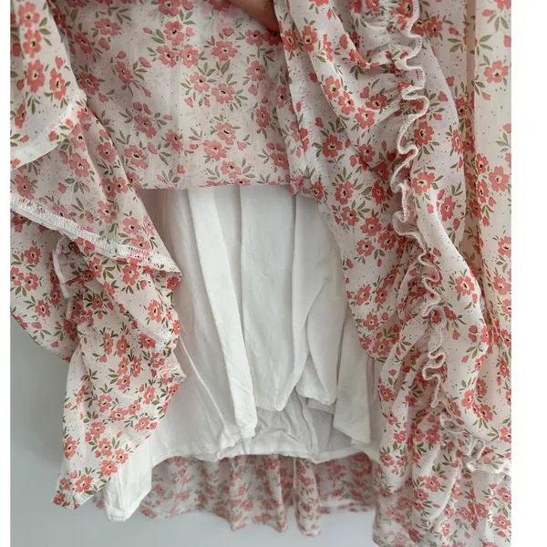 Kiss The Sky Floral Ruffle Mini Dress Pink Cream V-Neck Flutter Sleeve XS - Image 5