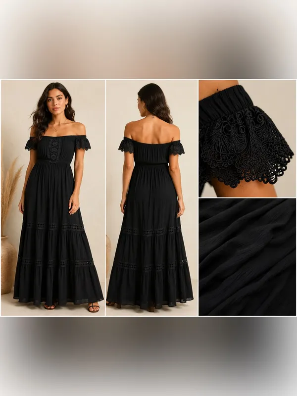 J for Justify Black One-Shoulder Maxi Dress with Crochet Trim Size M - Image 2