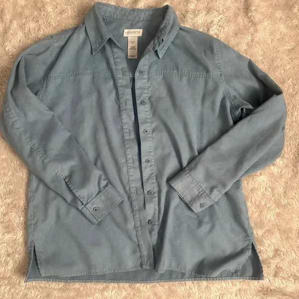 Vintage Liz Claiborne Dusty Blue Faux Suede Button Up Collared Shirt Longsleeve - Image 3