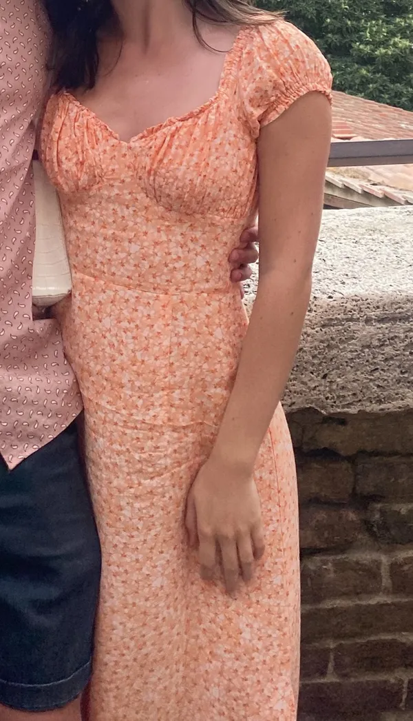 H&M Orange Floral Milkmaid Dress Puff Sleeve Midi - Image 3