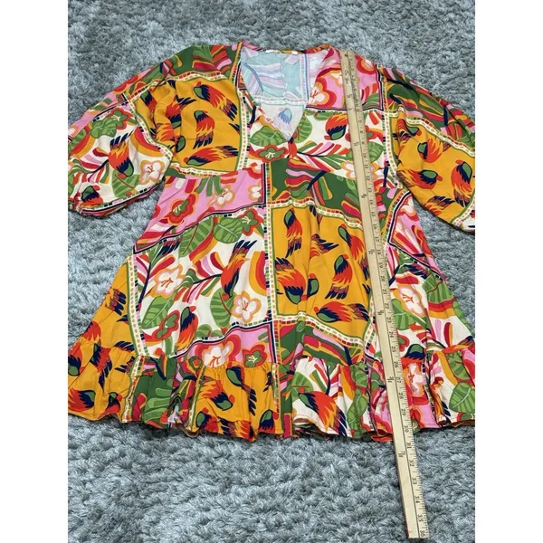 Tropical Patchwork Parrot Mini Dress Boho Resort Farm Rio Style Swim Cover S - Image 11