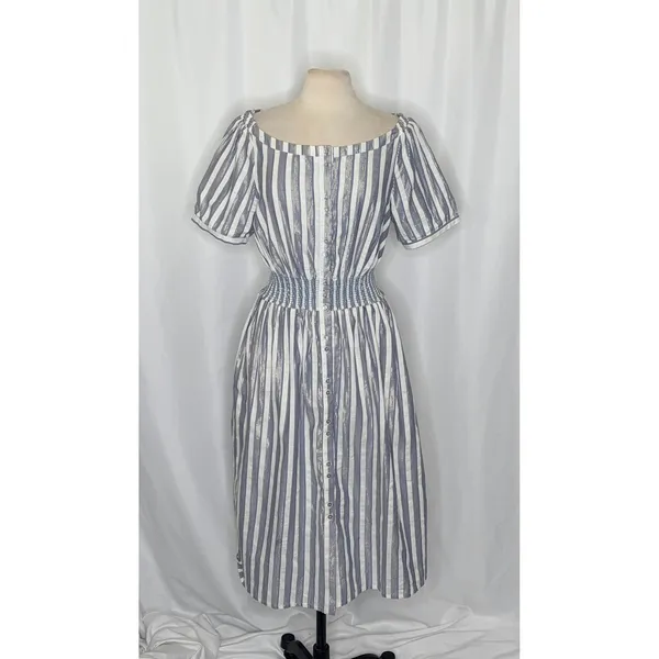 Anthropologie SEEN WORN KEPT Jenna Lurex Stripe Dress Blue White‎ Midi Size 12 - Image 2