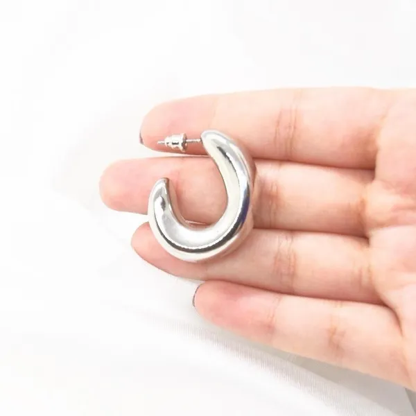 Curved Chunky Silver Hoop Earrings - Image 2