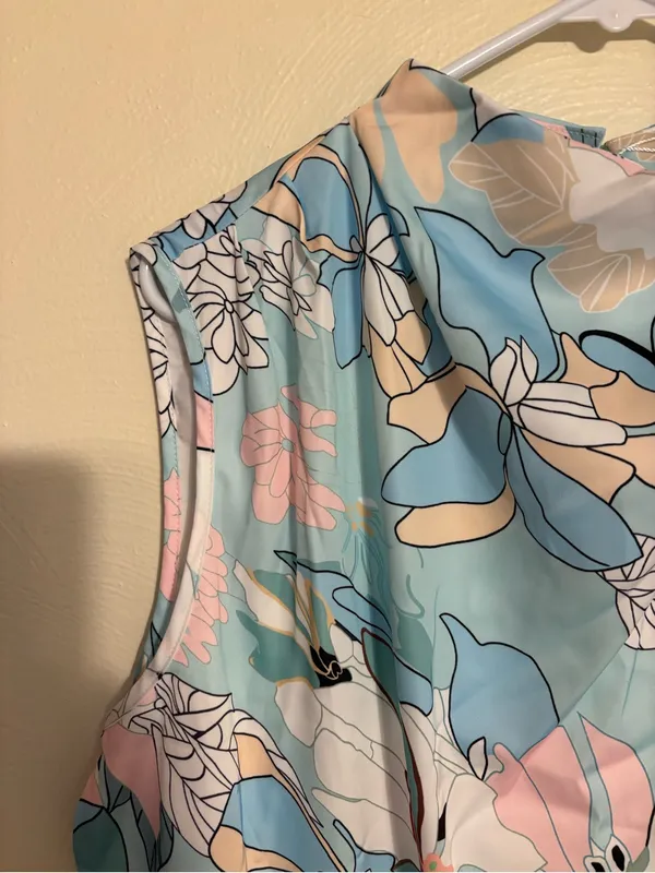 🌸 PrettyGarden Floral Midi Dress XL Blue Pink Sleeveless Mock Neck NWT - Image 7