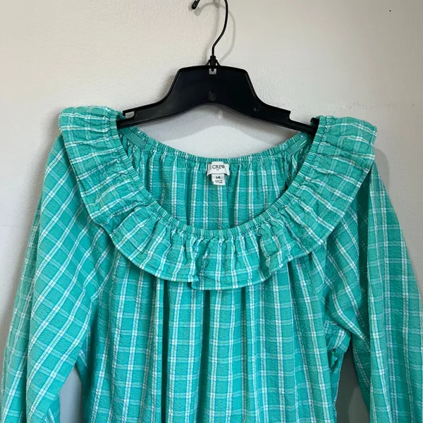 J.Crew Aqua Mint‎ Seersucker Ruffle Neck Mini Dress Preppy Sz 14 - Image 8