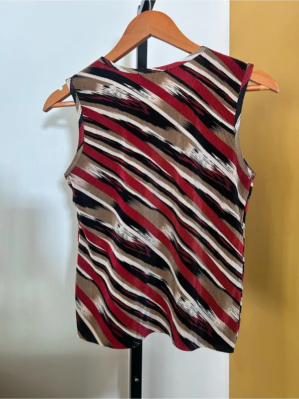 Vintage 90s Y2K Plisse Stretch Crepe Crinkle Textured Tank Top Striped Red Small - Image 4