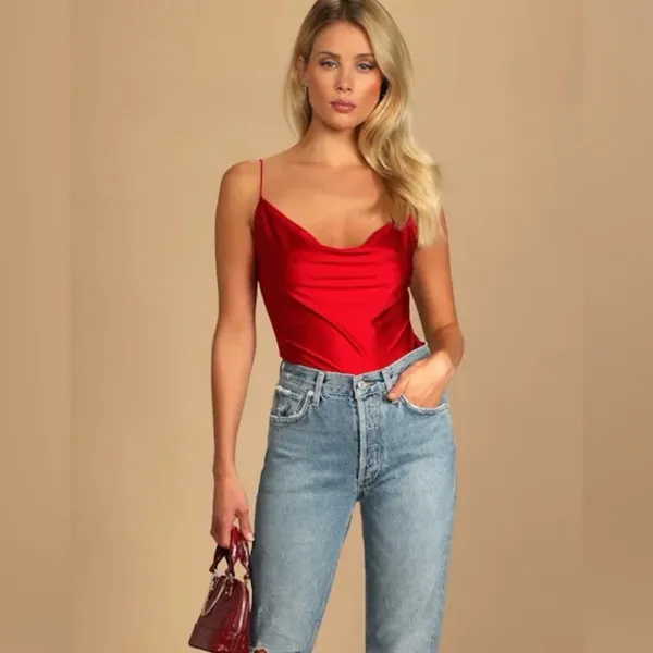 LULU’S TALKING SMOOTH RED COWL NECK BODYSUIT - Image 2
