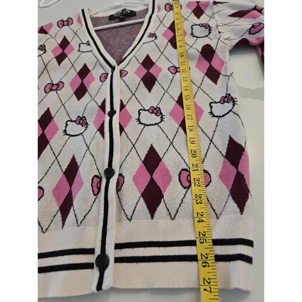 Hello Kitty Forever 21 Argyle Cardigan Sweater Womens Size Small Pink Sanrio - Image 7