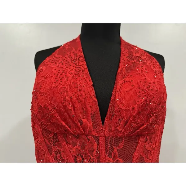 Sherri Hill 56134 Red Lace Halter Gown Sz 14 - Image 3
