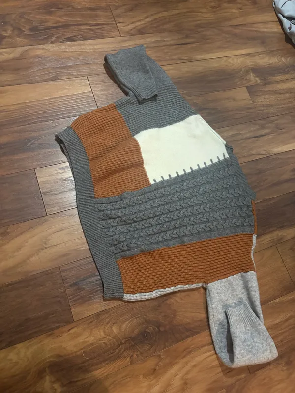 Patchwork Sweater Cream Brown Grey Gray - Image 3
