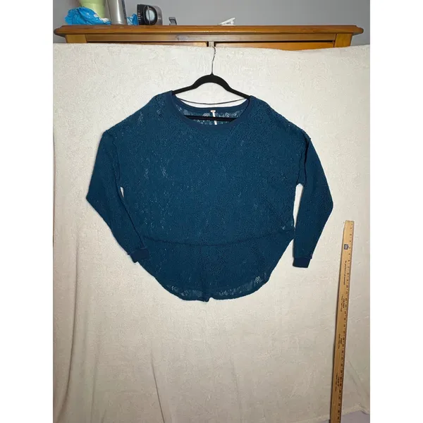 Free People Not Cold In This Jewel tone Blue Floral Lace Oversized Boho Top - Image 8