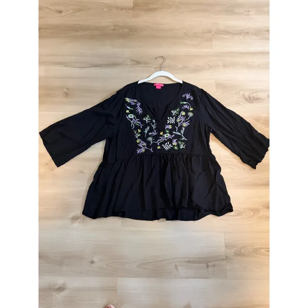 Sunny Leigh Peplum Blouse Black XL Women Embroidered V-Neck Boho Peasant Top - Image 10