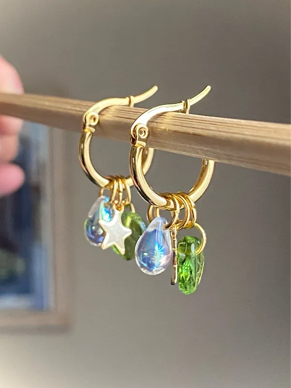 Handmade cute retro cottage fairy Czech glass beads mix unique hoop earrings🌟🌿 - Image 4