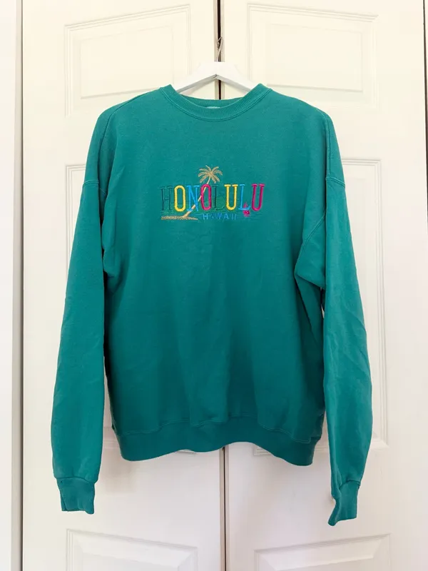 Vintage Honolulu Hawaii Embroidered Crewneck Sweatshirt Teal Green Blue XXL - Image 2