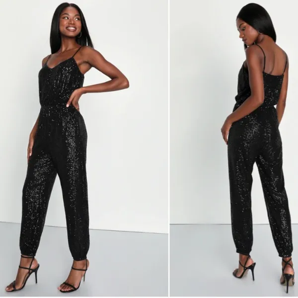 LULU's Sexy Chic Elegant Prom Holidays Wedding Sequins Shimmer Sparkle Jumpsuit - Image 3