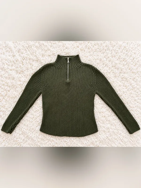 Vintage 90s St. John's Bay Ribbed Quarter Zip Sweater – Olive Green – L - Image 6