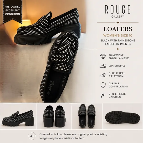 Rouge Helium Loafers Womens Size 10 EU40 Black Rhinestone Platform Chunky Sole - Image 6
