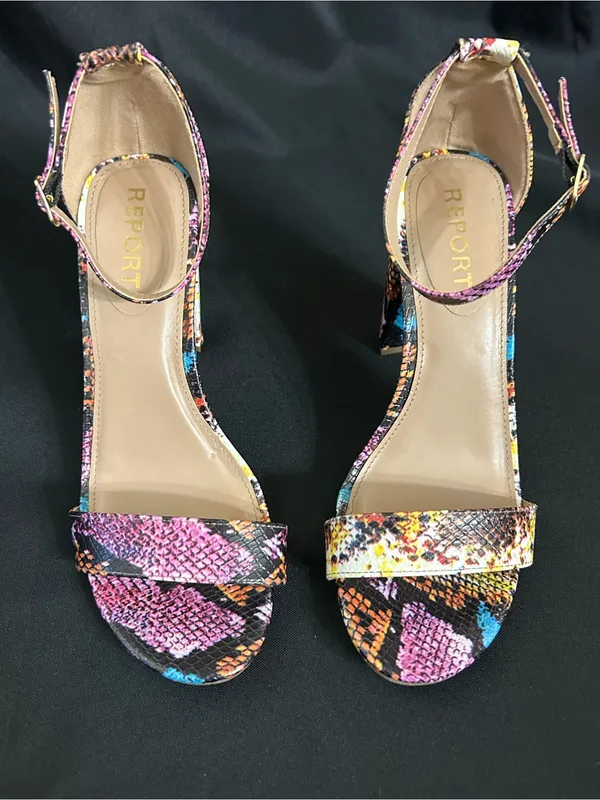 Report Multicolor Snakeskin Ankle-Strap Block Heel Sandal Pink/Yellow/Blue 8.5 - Image 7