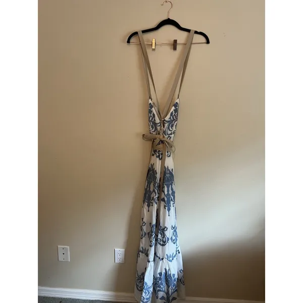 A Loves A Coastal Wrap Corset Dress Womens Size L Blue White Embroidered‎ Floral - Image 6
