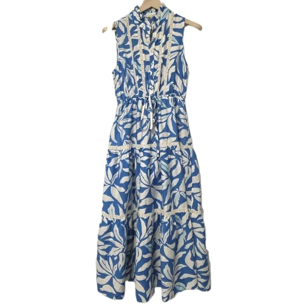 Womens Floral Print Maxi Dress Blue White Long Dress Size Small Tropical Travel - Image 2
