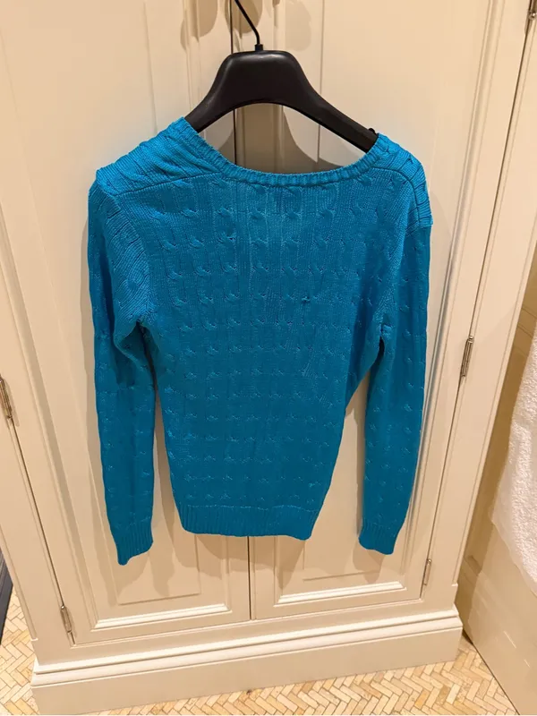 Ralph Lauren Women's V-Neck Cable Knit Sweater in Bright Teal - Image 3