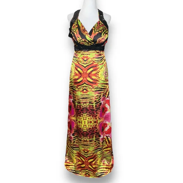 Y2K Zum Zum Niki Livas Neon Animal Print Sequin Halter Maxi‎ Dress XS Open Back - Image 3