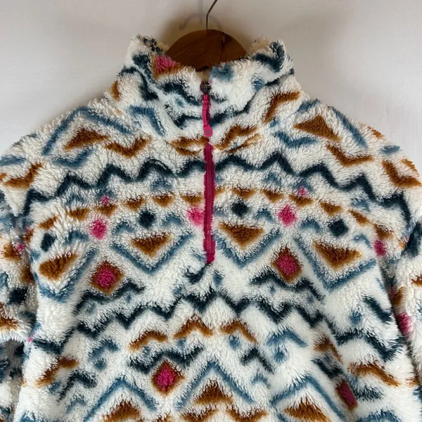 Eddie Bauer Womens Small Faux Fur Pullover‎ Aztec Print Quarter Zip Pink Trim - Image 10