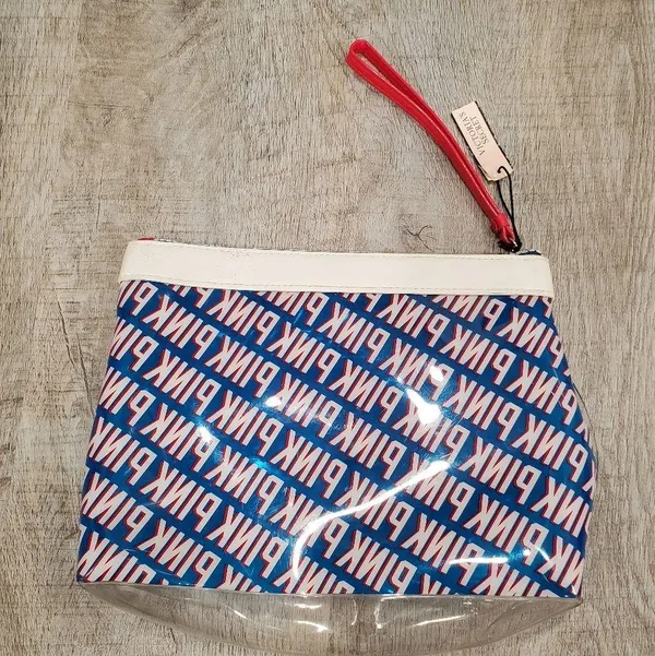 FLAWED NWT Victoria's Secret PINK Red White and Blue American Flag Cosmetic Bag - Image 2