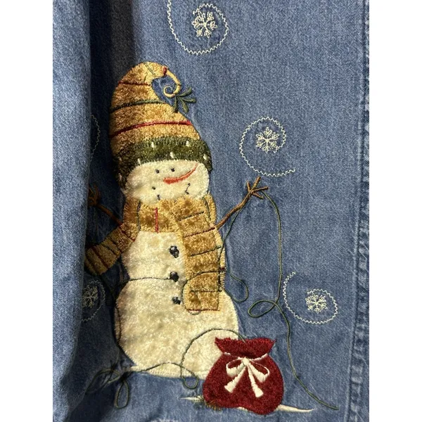 Snowman Jean Shirt Endless Design Women’s Medium Winter Tree Blue Button Down - Image 2
