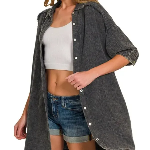 nwt Zenana Washed Double Gauze Button Down Shirt‎ Dress - Image 2