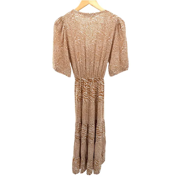 LUSANA Tan Zebra Print Maxi Dress XS 2 Tiered Elastic Waist V-Neck Resortwear - Image 4