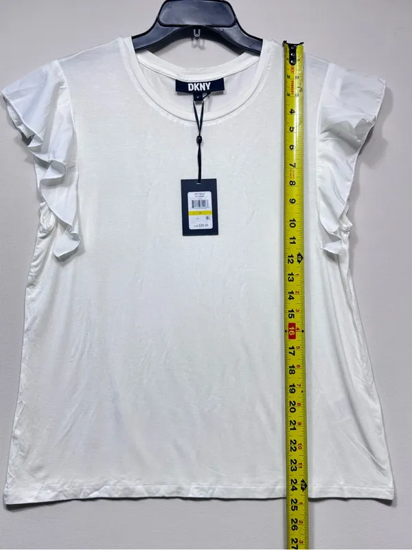 DKNY White Flutter/Ruffle Sleeve crew neck T-Shirt, - Image 4