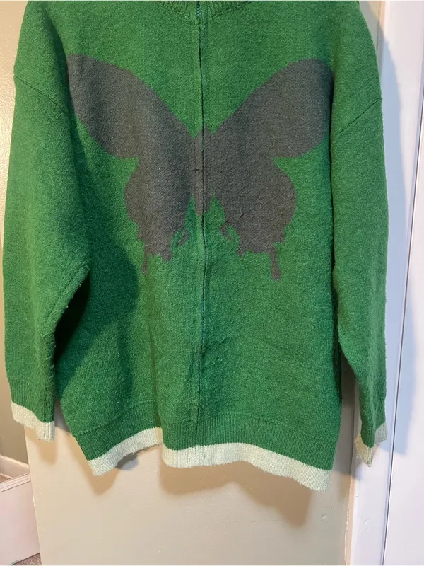 Vencede Women's Sz Medium Full Zip Sweater Green Gray Large Butterfly Print Soft - Image 4