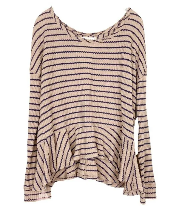 Free People We The Free Tan Striped Raw Hem Ruffle Hem Shirt Sz L - Image 5