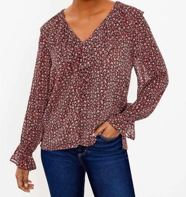 [LOFT] Red Black Floral Print Ruffle Neck Long Sleeve V-Neck Blouse Size Large L - Image 11