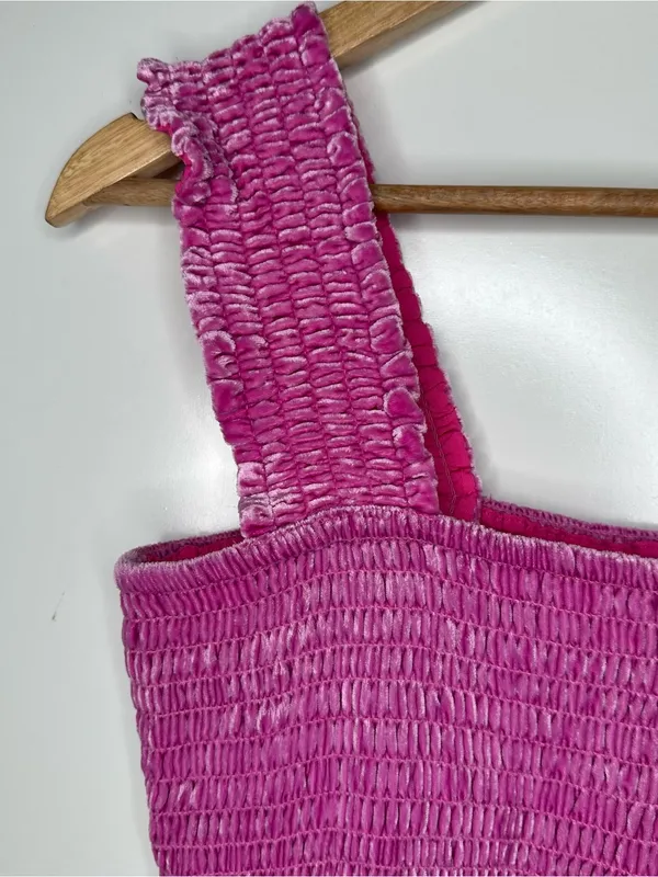 By Anthropologie Smocked Velvet Babydoll Tank Top Pink Fuchsia Medium - Image 4