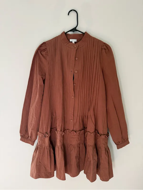 TCEC Brown Pintuck Button Front Tiered Mini Dress Women’s Small - Image 3