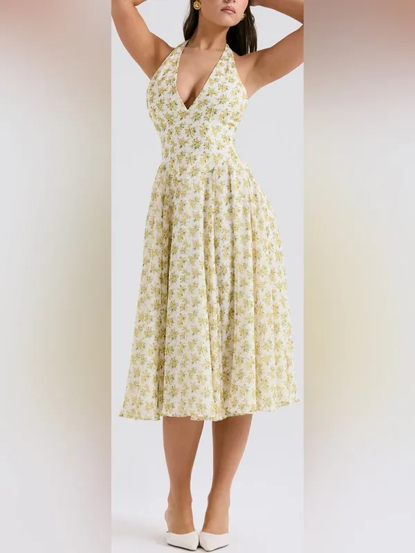 NEW HOUSE OF CB SOLADA Ivory Vintage Floral Print Georgette Halter Sz XL L+ - Image 2