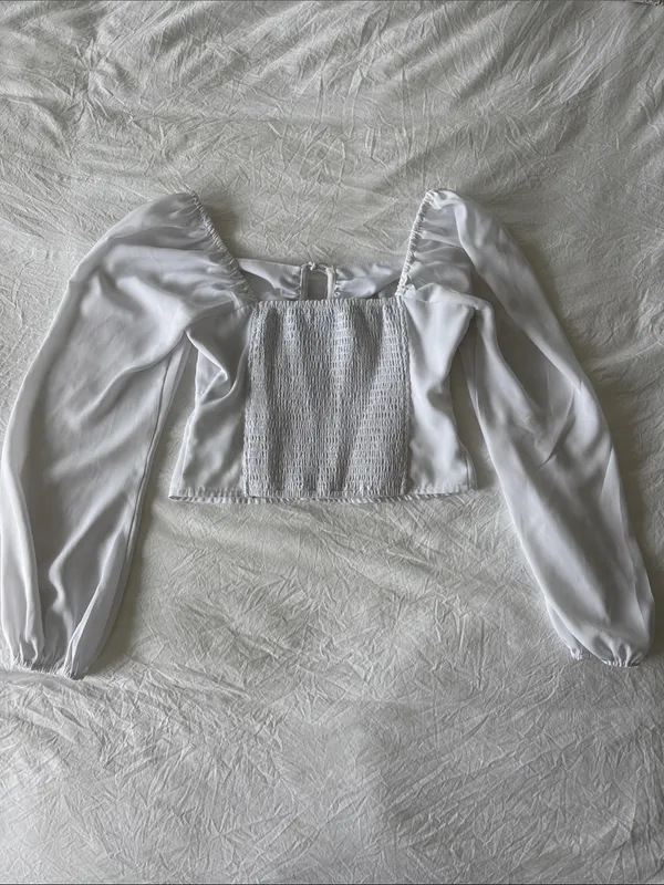 Abercrombie & Fitch White Puff-Sleeve Tie-Front Crop Blouse - Image 3