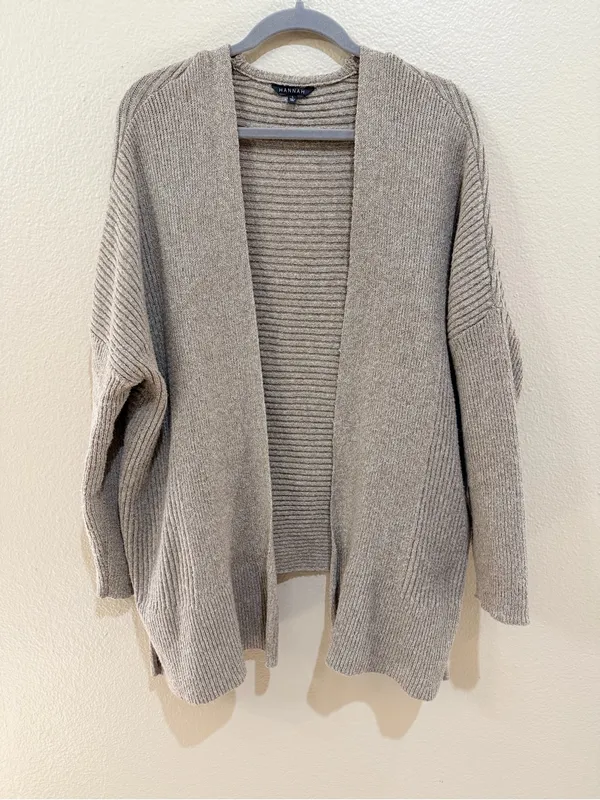 HANNAH Women’s Open Front Cardigan Size L Taupe Ribbed Knit Oversized Sweater - Image 2