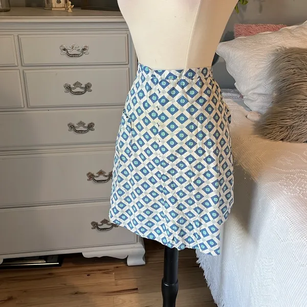 Vintage Apron Family Heirloom Tie Back Waist Blue Geometric Handmade - Image 2