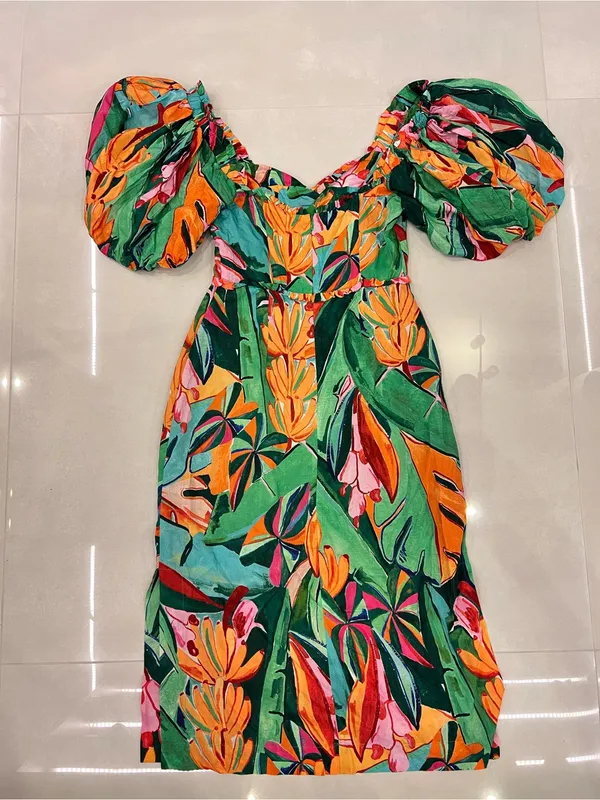 Farm Rio Puff-Sleeve Midi Dress Banana Leaf - Image 9