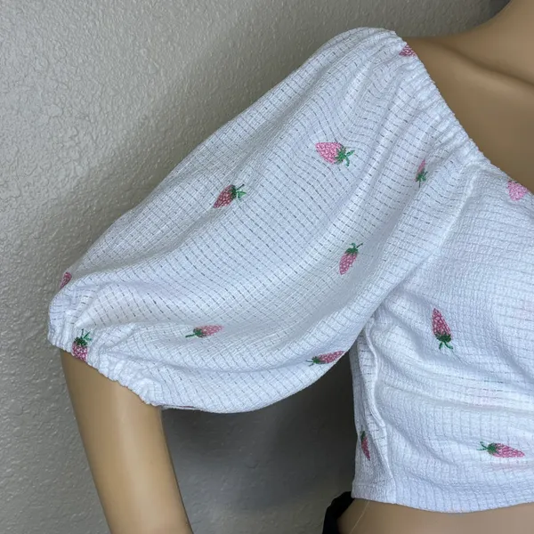 Strawberry Printed 5/8 Sleeve Waist Tie Crop Top White Pink Large - Image 5