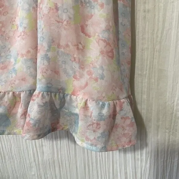 HYFVE Pastel Floral Mini Dress Puff Sleeve Tie Neck Size Large - Image 6