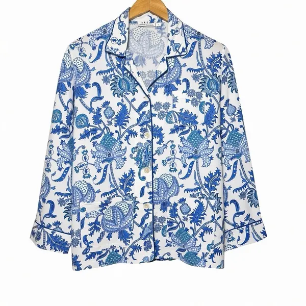 Roller‎ Rabbit Amanda Blue 100% Cotton Pajama Top M Block Print Coastal Boho - Image 2