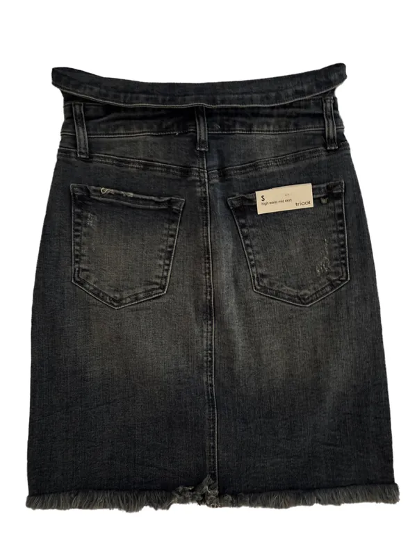 Tricot Black Distressed Denim Pencil Skirt with Button Front - Image 2