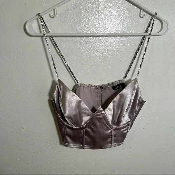 Boohoo Women's Size 6 Satin Diamante Strap Corset Top Silver Zip Back Rhinestone - Image 3