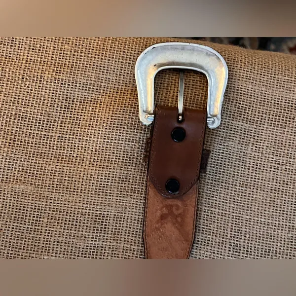 Justin Boots Brown Tooled Cowhide Leather Concho Coin Belt Silver Buckle western 32 in - Image 12