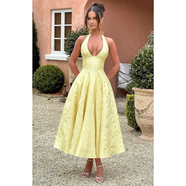 NWT Babyboo Effie Lemon Yellow Floral Jacquard Halter A-Line Midi Dress Size S - Image 4