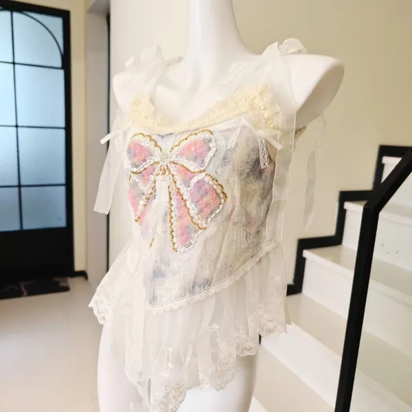 Sheer Mesh Cami Top Beaded Bow Embroidery Lace  - Image 3